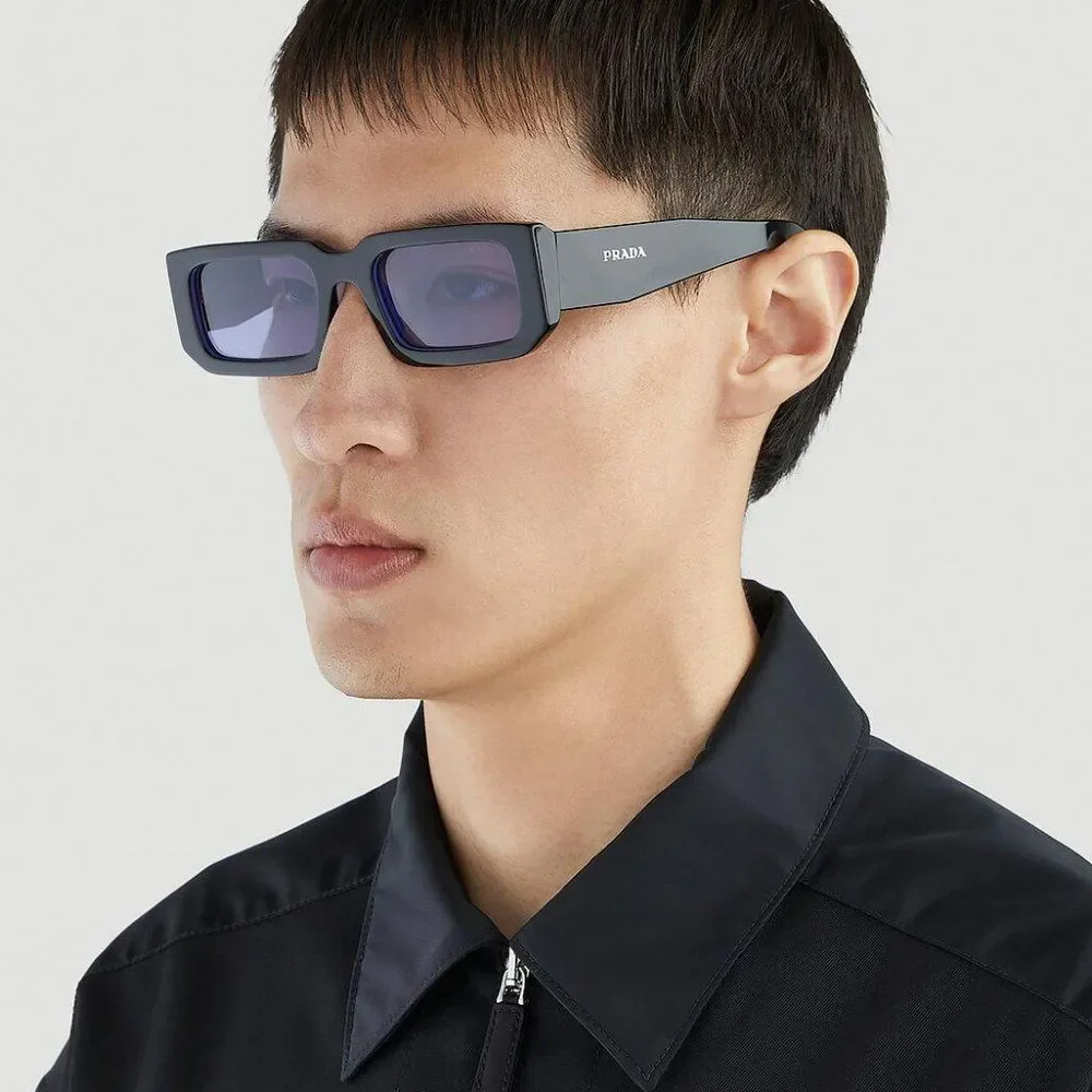 Prada PR06YS 02Z01O Sunglasses Black Blue Rectangle Unisex